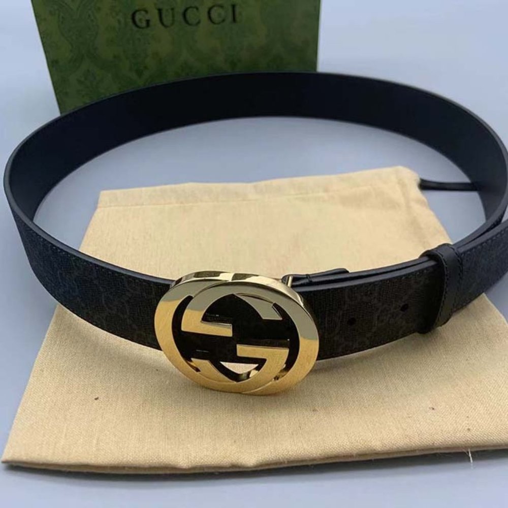 Gucci black double GG single-sided canvas line printed belt